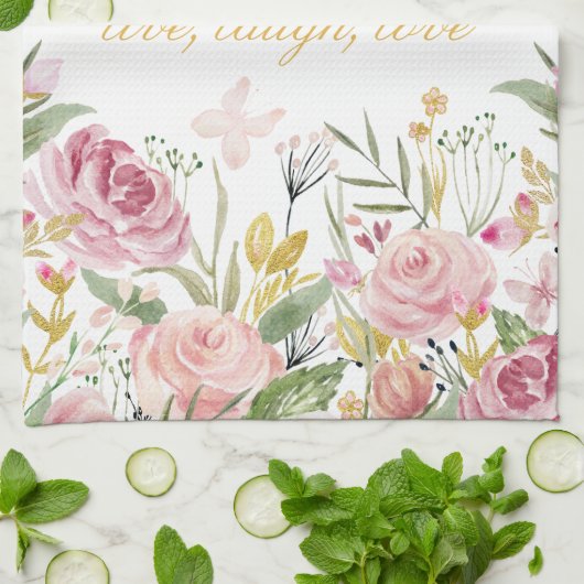 粉のピンクの金ゴールドの緑の水彩画のバラ キッチンタオル (折り畳み)