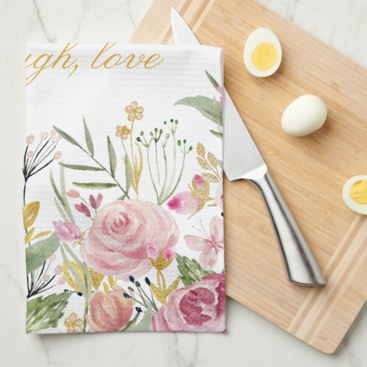 粉のピンクの金ゴールドの緑の水彩画のバラ キッチンタオル (四つ折り)