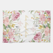 粉のピンクの金ゴールドの緑の水彩画のバラ キッチンタオル (横)