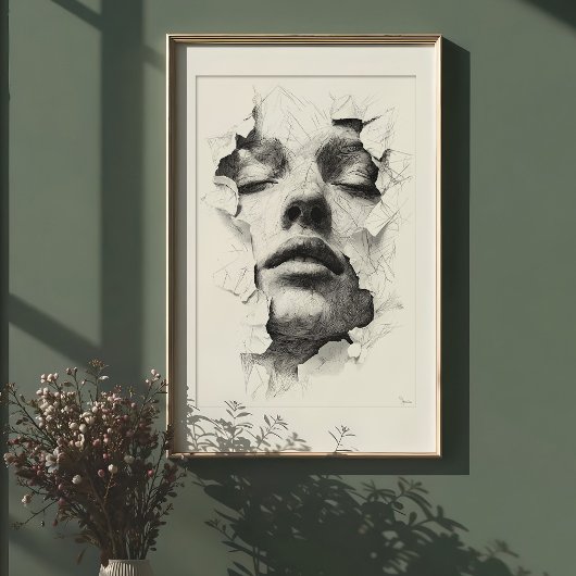 粉砕されたセレニティ：モノクロラインアート顔 ポスター