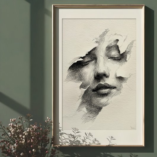 粉砕されたセレニティ:複雑なモノクロ顔 ポスター