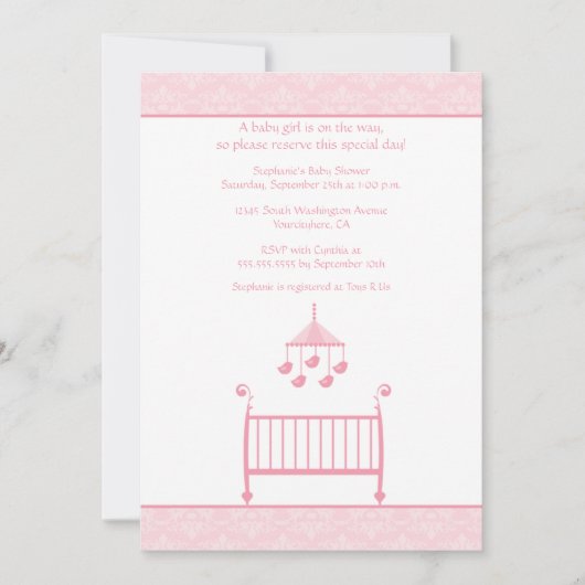 粋でシックなピンクのダマスク織のベビーシャワーの招待 招待状 (正面)