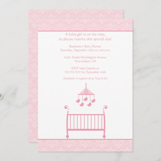 粋でシックなピンクのダマスク織のベビーシャワーの招待 招待状 (正面/裏面)