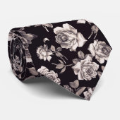 粋でシックな黒く及び白いヴィンテージのエレガントな花柄 ネクタイ (ロール)
