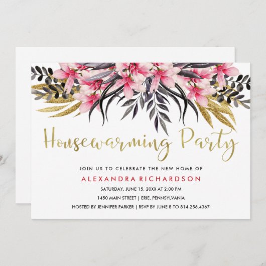 粋でフェイクな金ゴールドのグリッターの花の引っ越し祝いパーティーのパーティー 招待状 (正面/裏面)