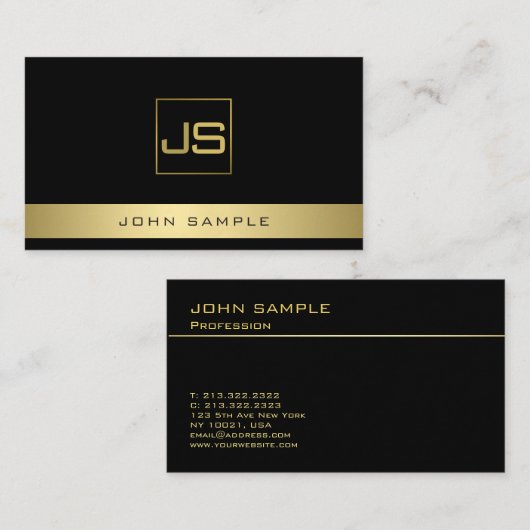 粋でモダンなモノグラムのエレガントで黒い金ゴールド 名刺 (正面/裏面)