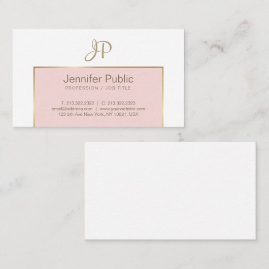 粋でモダンなモノグラムのピンクの金ゴールドの白くきれいな平野 名刺 (正面/裏面)