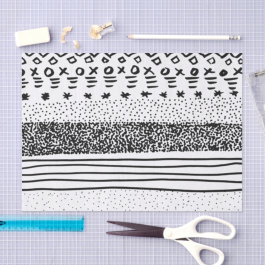 粋でモダンな白黒の手描きのパターン 薄葉紙 (クラフト)