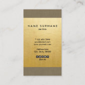 粋でモダンな緑のリネン金ゴールドの最小主義の垂直 名刺 (裏面)