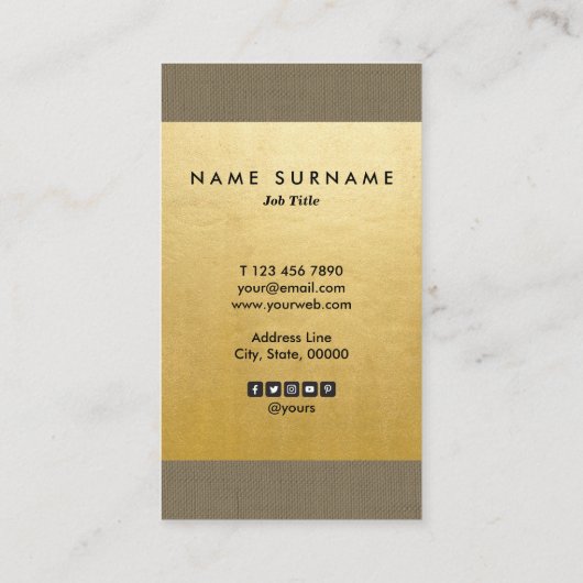 粋でモダンな緑のリネン金ゴールドの最小主義の垂直 名刺 (裏面)