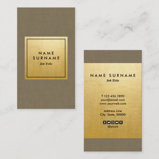 粋でモダンな緑のリネン金ゴールドの最小主義の垂直 名刺 (正面/裏面)