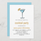 粋でモダンな青および金ゴールドのカクテルパーティー 招待状 (正面/裏面)