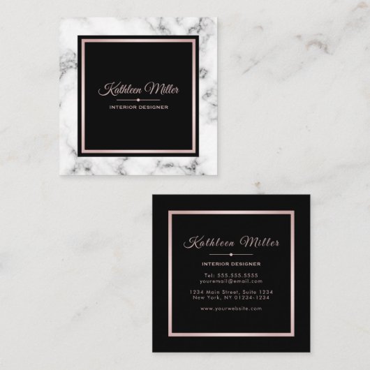 粋で白い大理石のばら色の金ゴールドのモダン スクエア名刺 (正面/裏面)