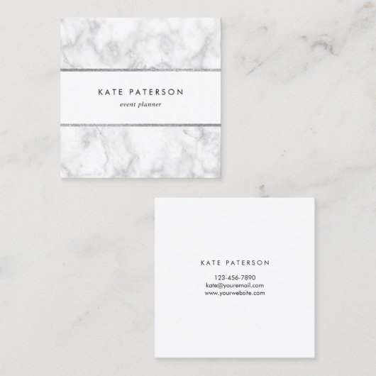 粋で白い大理石の銀製のグリッターは縞で飾ります スクエア名刺 (正面/裏面)