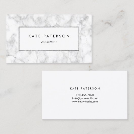 粋で白い大理石の銀製のグリッターフレーム 名刺 (正面/裏面)