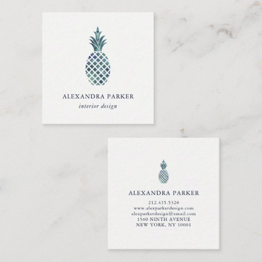 粋で青い水彩画の一見のパイナップル スクエア名刺 (正面/裏面)