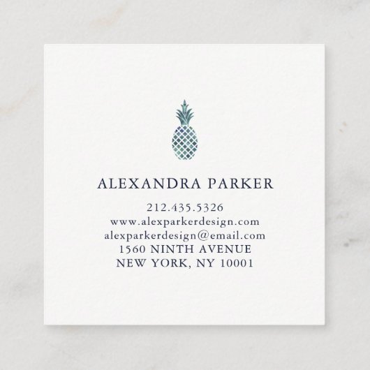 粋で青い水彩画の一見のパイナップル スクエア名刺 (裏面)