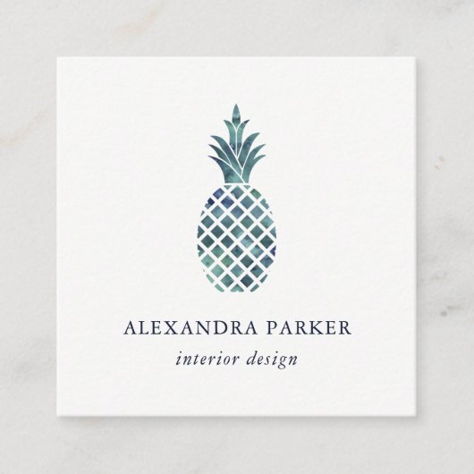 粋で青い水彩画の一見のパイナップル スクエア名刺 (正面)