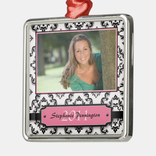 粋で黒いダマスク織の卒業の写真のオーナメント メタルオーナメント (左)