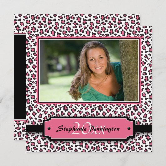 粋で黒いピンクのチータの卒業の写真のパーティー 招待状 (正面/裏面)