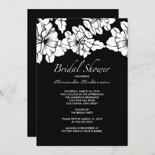 粋で黒く及び白い花のブライダルシャワーの招待 招待状 (正面/裏面)
