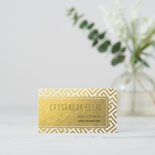 粋なギリシャ人の鍵の対角線|の金ゴールドホイルの白 名刺 (スタンド正面)