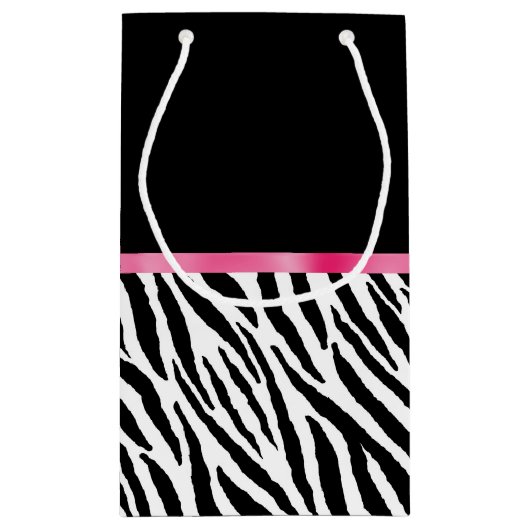 粋なシマウマのプリントのシックなショッキングピンクの弓および名前 スモールペーパーバッグ (裏面)