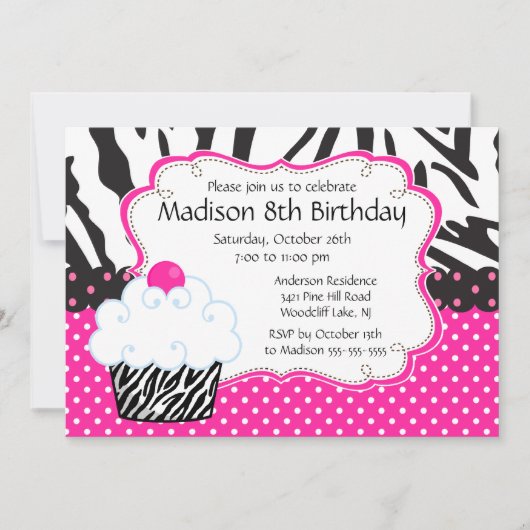 粋なショッキングピンク及びシマウマのカップケーキの誕生会 招待状 (正面)