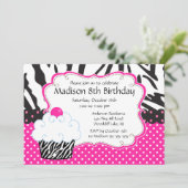 粋なショッキングピンク及びシマウマのカップケーキの誕生会 招待状 (スタンド正面)