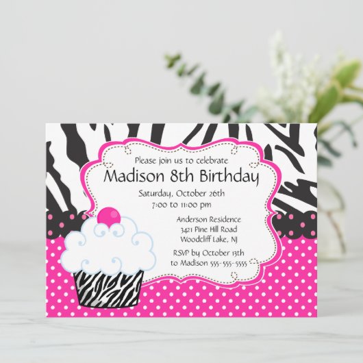粋なショッキングピンク及びシマウマのカップケーキの誕生会 招待状 (スタンド正面)