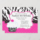 粋なショッキングピンク及びシマウマのカップケーキの誕生会 招待状 (正面/裏面)