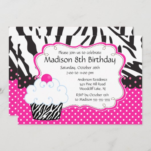 粋なショッキングピンク及びシマウマのカップケーキの誕生会 招待状 (正面/裏面)