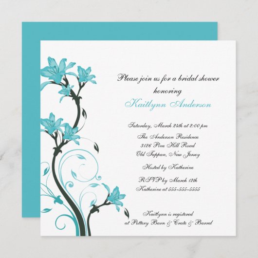 粋なターコイズの花のブライダルシャワーの招待状 招待状 (正面/裏面)