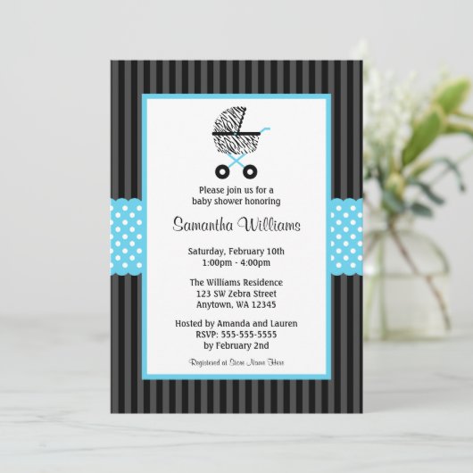 粋なティール（緑がかった色）の青いシマウマキャリッジベビーシャワー 招待状 (スタンド正面)