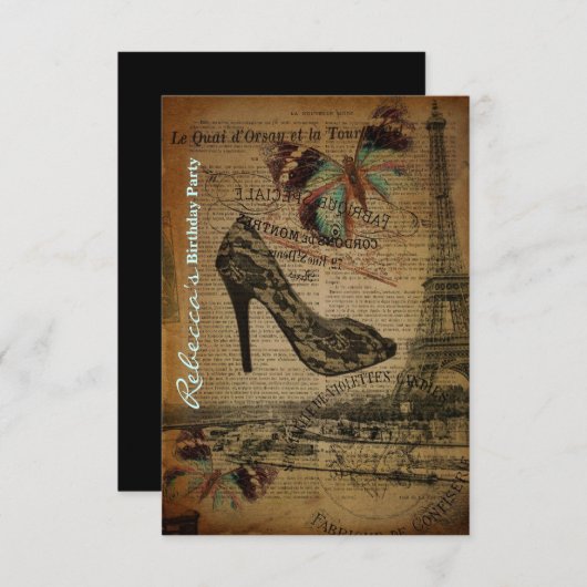 粋なパリのガーリーな小剣のバースデー・カード 招待状 (正面/裏面)