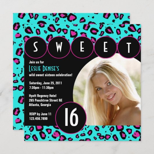 粋なヒョウのSweet sixteenの写真の招待[ティール（緑がかった色）] 招待状 (正面/裏面)