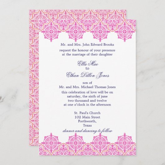 粋なピンクおよびオレンジダマスク織の結婚式招待状 招待状 (正面/裏面)