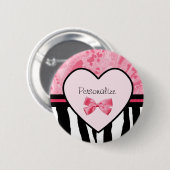 粋なピンクおよび黒いシマウマパターン弓および名前 缶バッジ (正面&裏面)