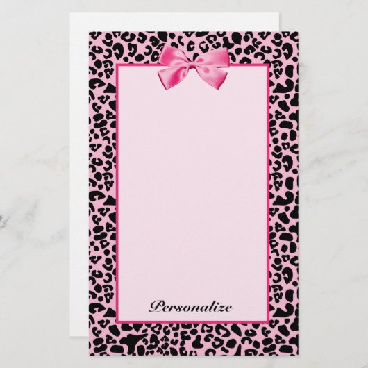 粋なピンクおよび黒いヒョウのショッキングピンクのリボン 便箋 (正面/裏面)