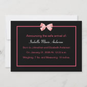 粋なピンクおよび黒い写真の誕生の発表 案内状 (裏面)