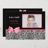 粋なピンクおよび黒い写真の誕生の発表 案内状 (正面/裏面)