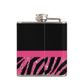粋なピンクのシマウマのプリントの名前のフェイクな輝きの弓 フラスク (裏面)