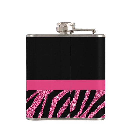 粋なピンクのシマウマのプリントの名前のフェイクな輝きの弓 フラスク (裏面)