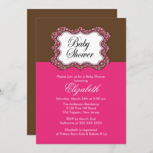 粋なピンクのヒョウフレームのベビーシャワーの招待状 招待状 (正面/裏面)