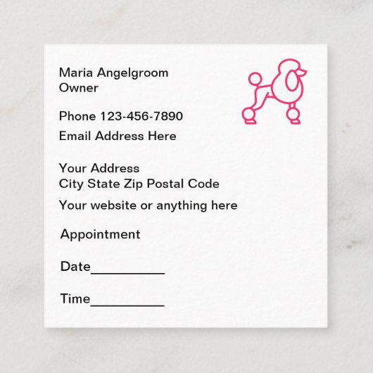 粋なピンク犬のグルーミングのアポイントメント スクエア名刺 (裏面)