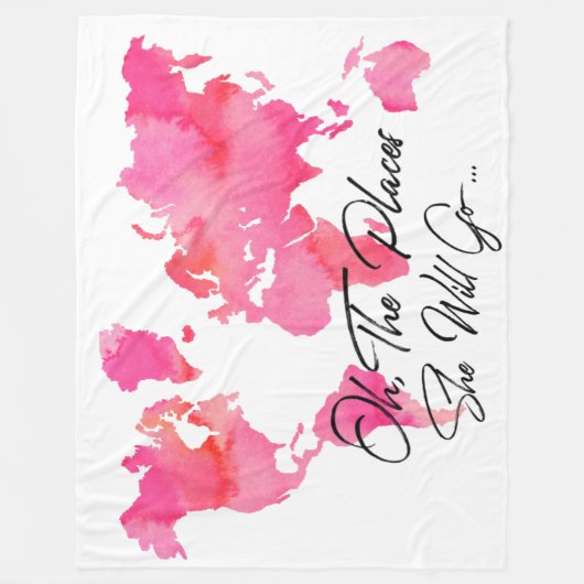 粋なピンクOh場所彼女は旅行引用文行きます フリースブランケット (正面)