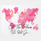 粋なピンクOh場所彼女は旅行引用文行きます フリースブランケット (正面(横))