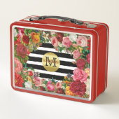 粋なモノグラムのストライプなバラの花の金ゴールドのグリッター メタルランチボックス (裏面)