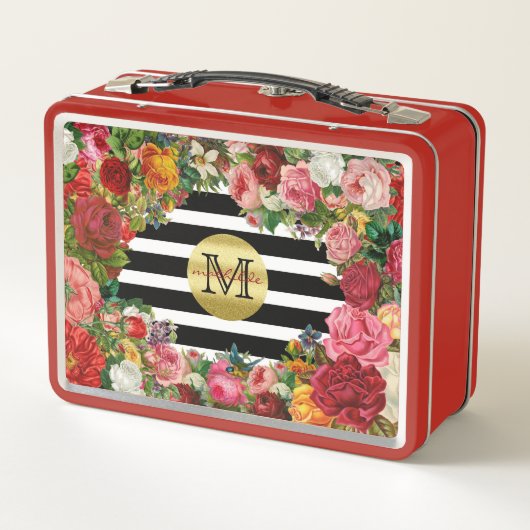 粋なモノグラムのストライプなバラの花の金ゴールドのグリッター メタルランチボックス (裏面)