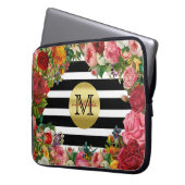 粋なモノグラムのストライプなバラの花の金ゴールドのグリッター ラップトップスリーブ (正面左)